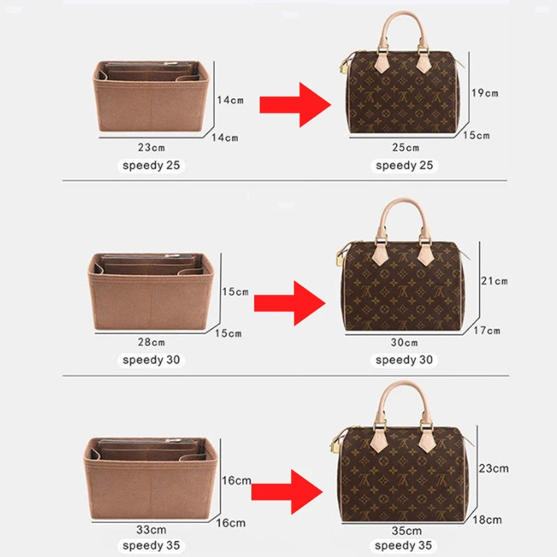 Wyjmowany filcowy organizer do torebki Luxury Handbag Speedy 25/30/35 – wkładka porządkująca, kosmetyczka, usztywniacz i wewnętrzna saszetka podróżna